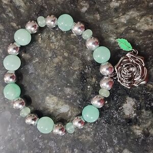 Handmade Burma Jade and Silver Hematite Beaded Bracelet with Rose Charm